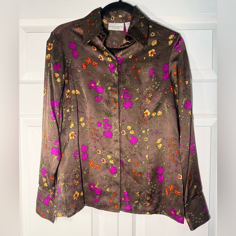 Jaclyn Smith 100% Silk Satin Floral Blouse with Pink & Orange Accents
